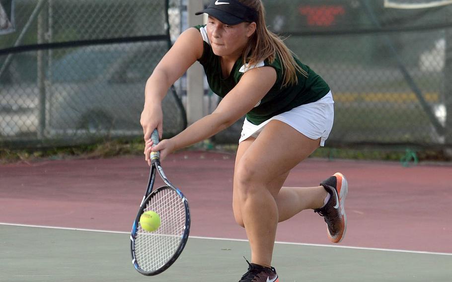 Kubasaki senior Willow Lewis, the Dragons' No. 1 girls seed, begins the battle for Okinawa district singles tennis honors Friday at Kadena, then again Monday and Wednesday on the Dragons' home courts.