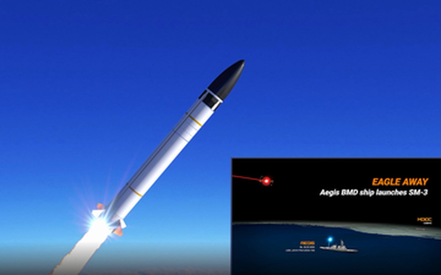 A screenshot from a Missile Defense Agency video shows an animation of U.S. Navy Aegis Ballistic Missile Defense System-equipped destroyer launching a Standard Missile-3 Block IIA missile to  intercept and destroy an intercontinental ballistic missile target. A flight test demonstration in the Pacific Ocean on Nov. 16, 2020, was successful.