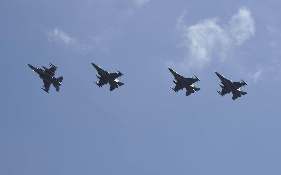 U.S. Air Force F-16 Fighting Falcons, assigned to the 480th Fighter Squadron, fly in formation over Spangdahlem Air Base, Germany, on their way to participate in a large-force exercise within the U.K.'s North Sea airspace, May 27, 2020.

