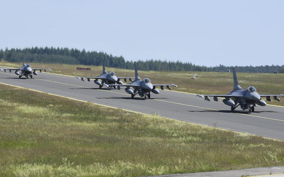 U.S. Air Force F-16 Fighting Falcons, assigned to the 480th Fighter Squadron, taxi at Spangdahlem Air Base, Germany. Aircraft from the squadron participated in a large-force exercise within the United Kingdom's North Sea airspace, May 27, 2020. 

