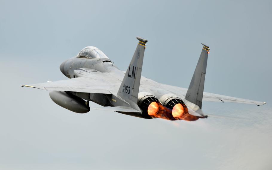 An F-15C Eagle assigned to the 493rd Fighter Squadron takes off from RAF Lakenheath, England, during a large-force exercise with other U.S. Air Forces in Europe-Air Forces Africa units, May 27, 2020.

