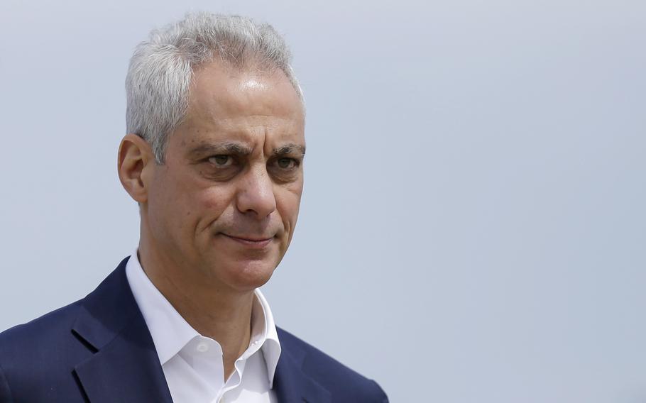 In this April 22, 2019, file photo, then-Chicago Mayor Rahm Emanuel arrives at a news conference outside of the south air traffic control tower at O'Hare International Airport in Chicago.