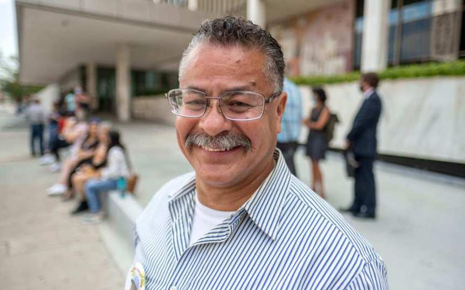 Hector Ocegueda-Rivera outside the Federal Building in downtown Los Angeles, Thursday, July 8, 2021. Ocegueda-Rivera, a U.S. Marine Corps veteran from Artesia, was deported to Mexico in 2000 for a drunken driving conviction. Ocegueda-Rivera finally received an interview with U.S. Citizenship and Immigration Services after two previous unsuccessful attempts. 