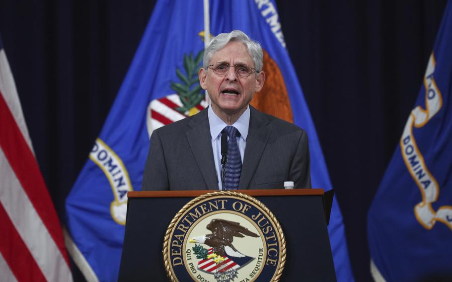 U.S. Attorney General Merrick Garland speaks about voting rights at the Justice Department in Washington, on Friday, June 11, 2021. 