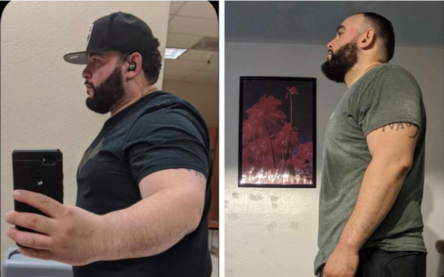 Aaron Stevenson of Vallejo, Calif. at 350 pounds, left, and, 18 months later, 215 pounds.He enlisted with the California Army National Guard this week. 