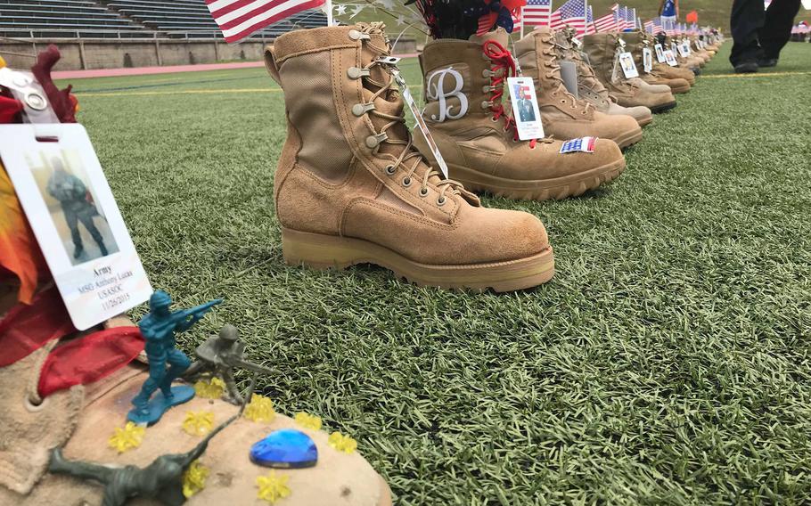 Boots at displayed during All American Week at Fort Bragg in August, 2019.