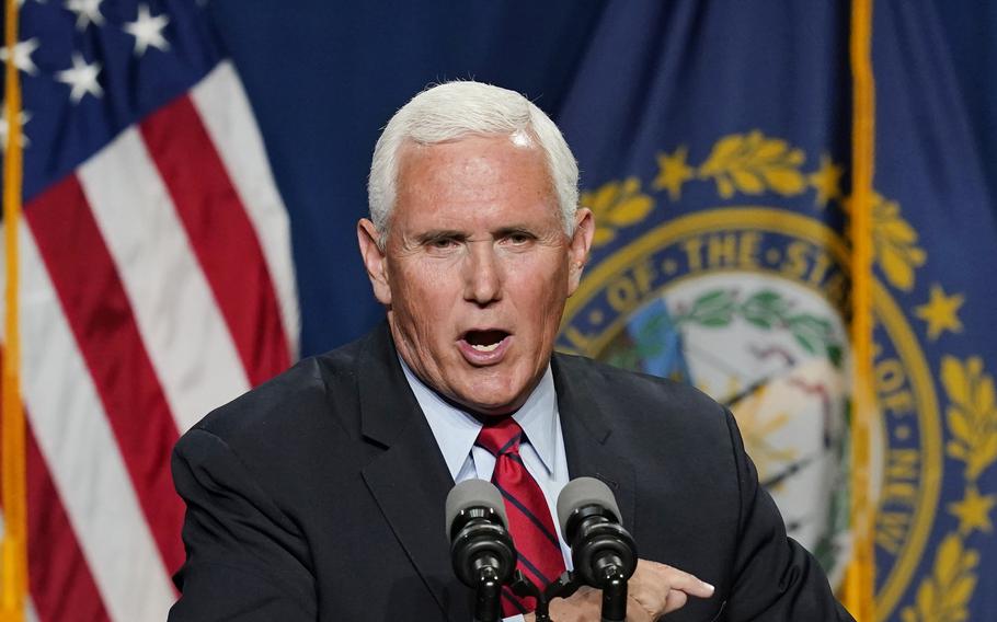 Former Vice President Mike Pence speaks at the annual Hillsborough County NH GOP Lincoln-Reagan Dinner, Thursday, June 3, 2021, in Manchester, N.H. 