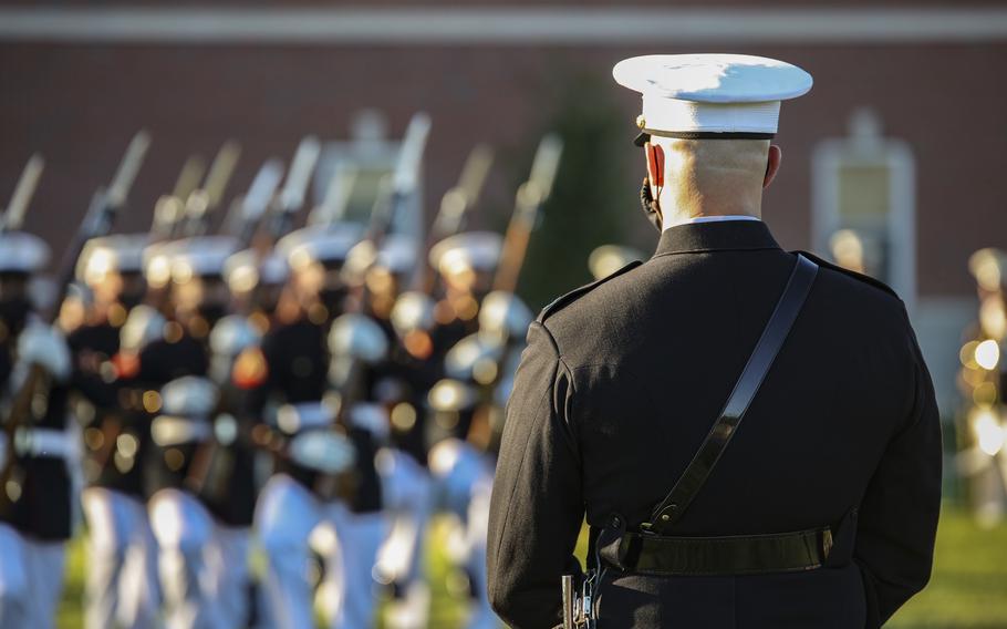 U.S. Marines from the Marine Corps Silent Drill Team perform at The Basic School on Marine Corps Base Quantico, Va., Oct. 2, 2020.