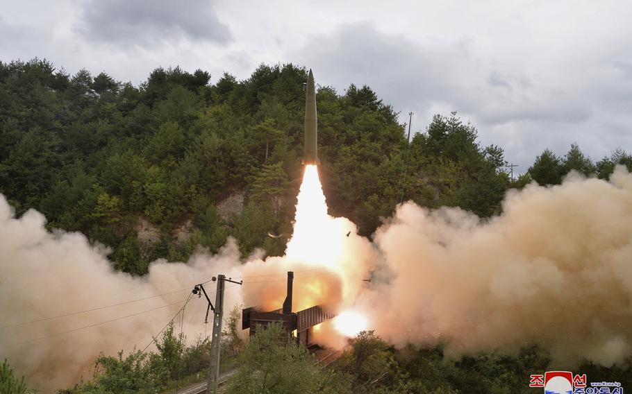 This photo provided by the North Korean government Thursday, Sept. 16, 2021, shows a test missile is launched from a train on Sept. 15, 2021, in an undisclosed location of North Korea. 