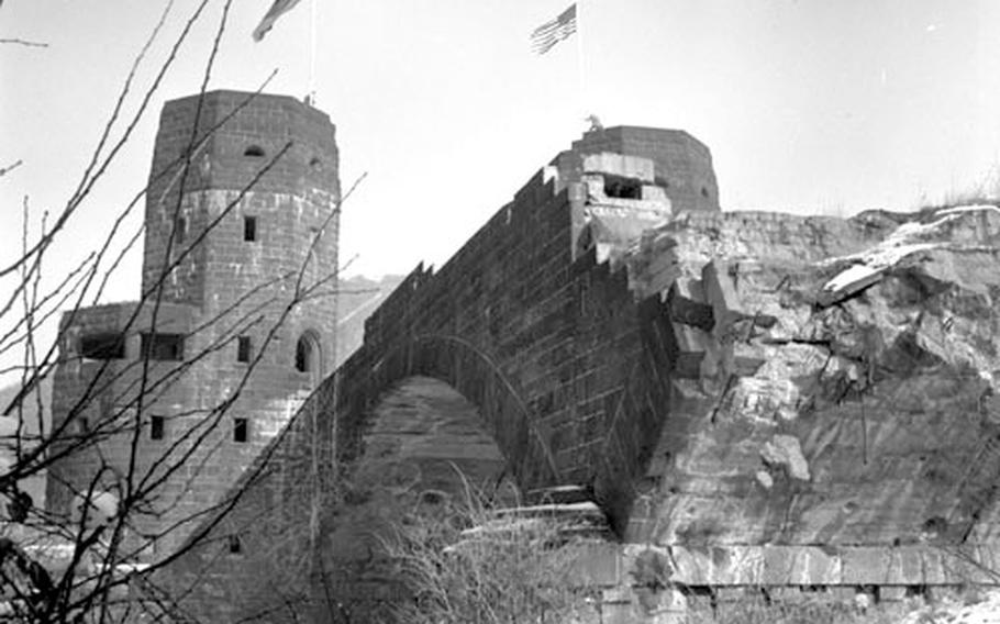 The ruins of the Ludendorff Bridge in March, 1962.