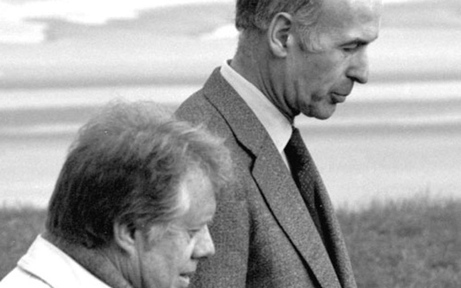 President Jimmy Carter with French President Valery Giscard d'Estaing at Normandy in January, 1978.