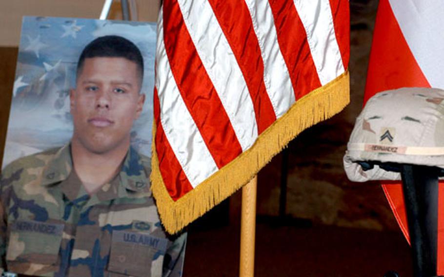 Hundreds of people gathered Monday in the chapel at Caserma Ederle in Vicenza, Italy, to remember Cpl. Emmanuel Hernandez-Cales, a soldier from the Southern European Task Force (Airborne) killed last week in a rocket attack in Afghanistan.