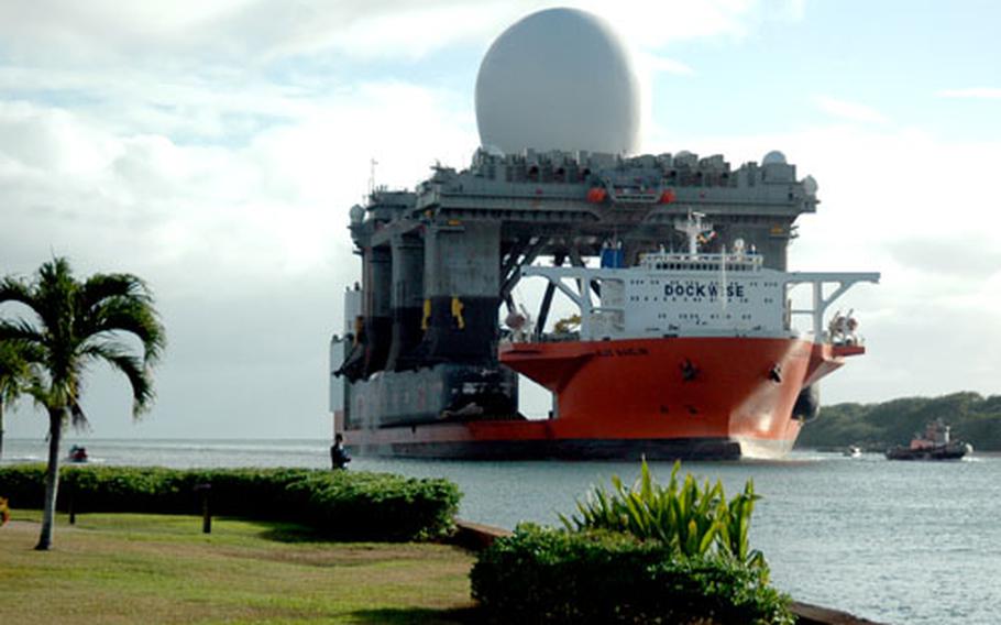 The Sea Based X-Band Radar enters Pearl Harbor, Hawaii, in January of 2006 aboard the heavy lift vessel MV Blue Marlin after completing a 15,000-mile journey from Corpus Christi, Texas.