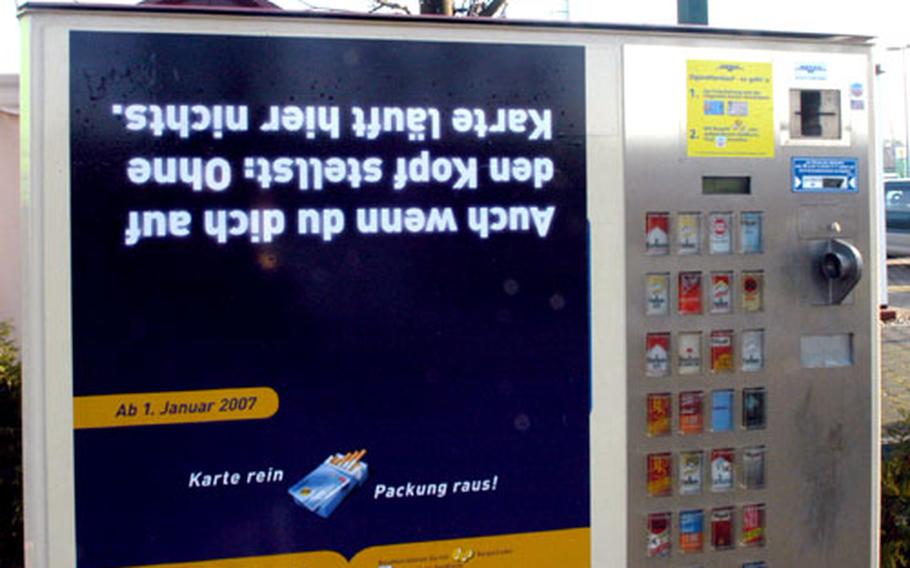 Although the worker in charge of putting up this ad pasted it upside-down, the message is clear: After Jan. 1, you can’t buy smokes here without a bank card that proves you’re 16 or older.