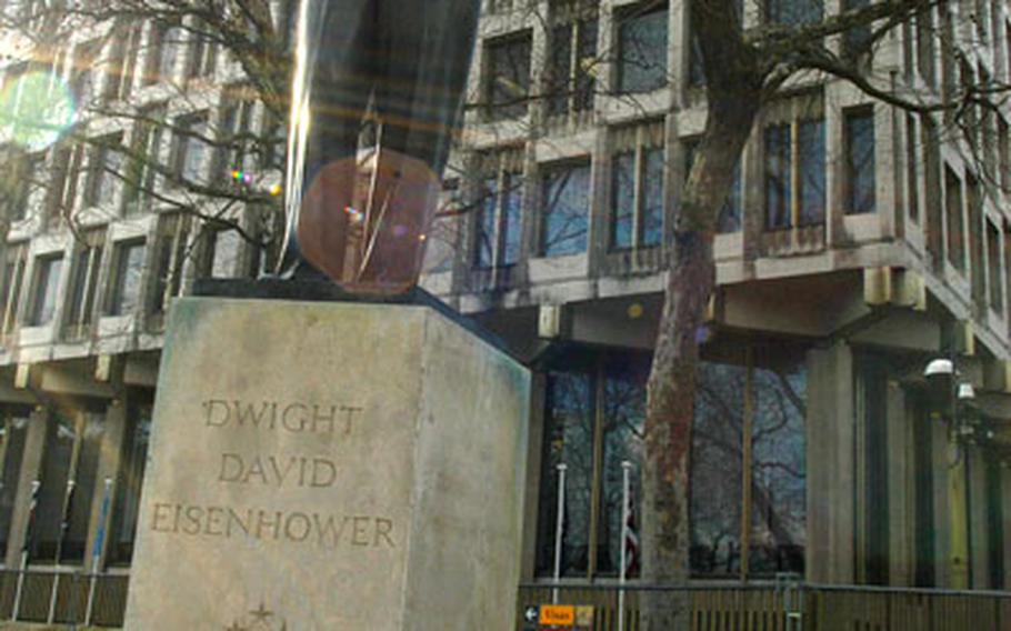 A statue of Dwight D. Eisenhower stands in front of the U.S. Embassy in London.