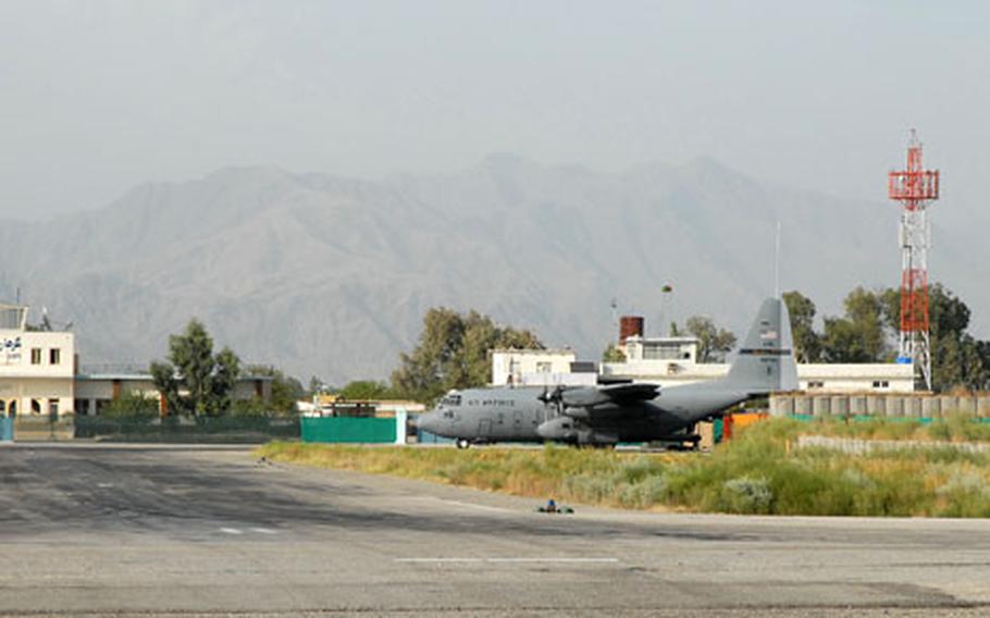 An Air Force C-130 Hercules waits for takeoff at Jalalabad Air Field in Afghanistan in this undated file photo.