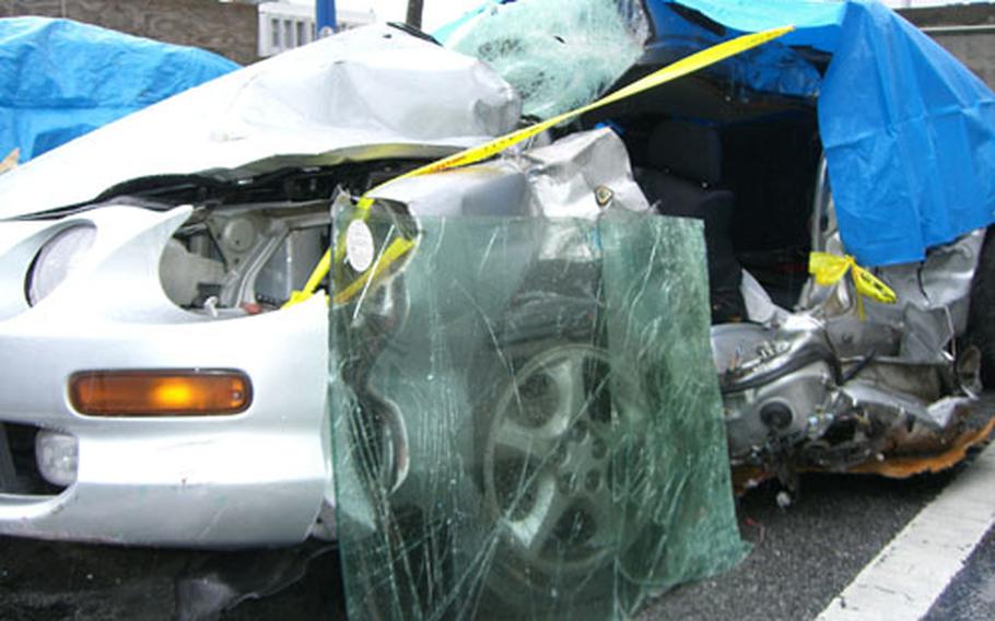 The car driven by James Yeakey is seen here after the head-on collision on Highway 330 in Kitanakagususku, Okinawa.
