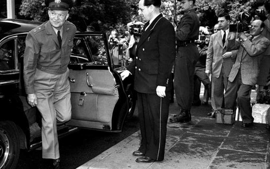 Gen. Dwight D. Eisenhower arrives for a meeting with West German Chancellor Konrad Adenauer in Bonn in May, 1952.