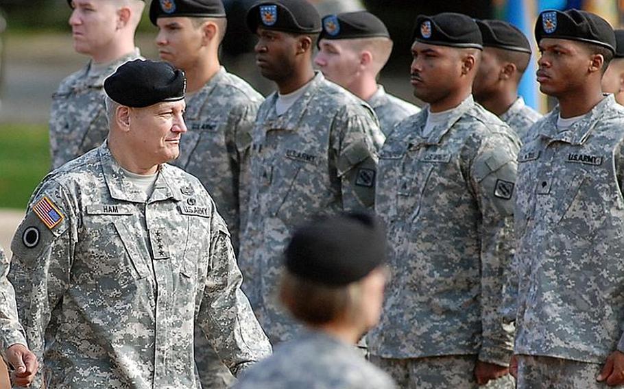 U.S. Army Europe commander Gen. Carter Ham, left, inspects the troops at his assumption of command ceremony in Heidelberg, Germany, in 2008. Ham has been nominated to take the helm at U.S. Africa Command, replacing Gen. William "Kip" Ward.