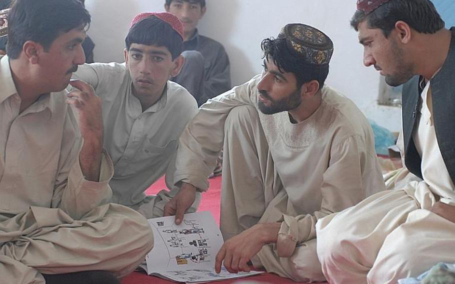 In this 2010 file photo, election officials check out a guide book explaining the election process at the Shinkai district center in Zabul province, Afghanistan. Election books and posters circulating in the district feature plenty of illustrations to make it easier for illiterate local farmers to understand the process.