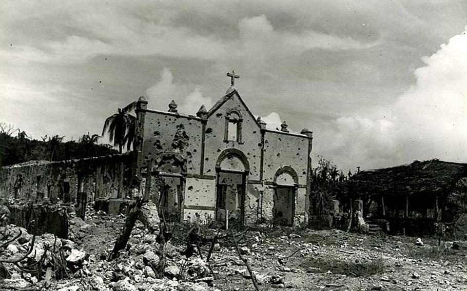 A photo taken by the Marine Corps immediately after retaking Guam in August 1944 shows the destroyed church at Sumay, which is now part of Naval Base Guam.