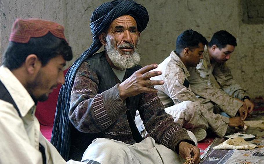 Sarwar Khan, a village elder in southern Nawa, talks with Marines about an upcoming military offensive in January.