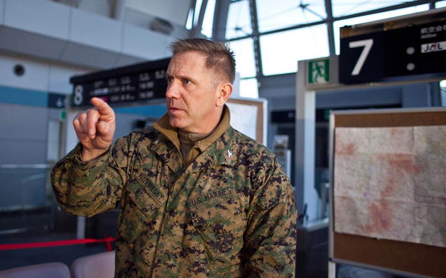 In the command center set up above the water damage line on the third floor of the Sendai Airport lobby, Marine Corps Col. Craig Kozeniesky said the Army, Air Force and Marine Corps have revitalized the airport allowing needed life sustaining aid to land.