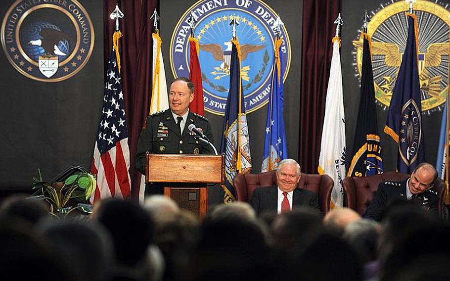 U.S. Army Gen. Keith Alexander, commander of U.S. Cyber Command, speaks during the command´s activation ceremony at Fort Meade, Md., May 21, 2010.