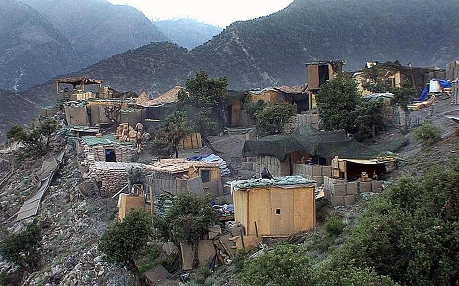 Outpost Restrepo in the Korengal Valley of Kunar province, Afghanistan in 2008.  