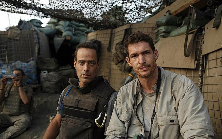 "Restrepo" filmmakers Sebastian Junger, left, and Tim Hetherington at Outpost Restrepo in the Korengal Valley, Afghanistan, Kunar Province in 2007.