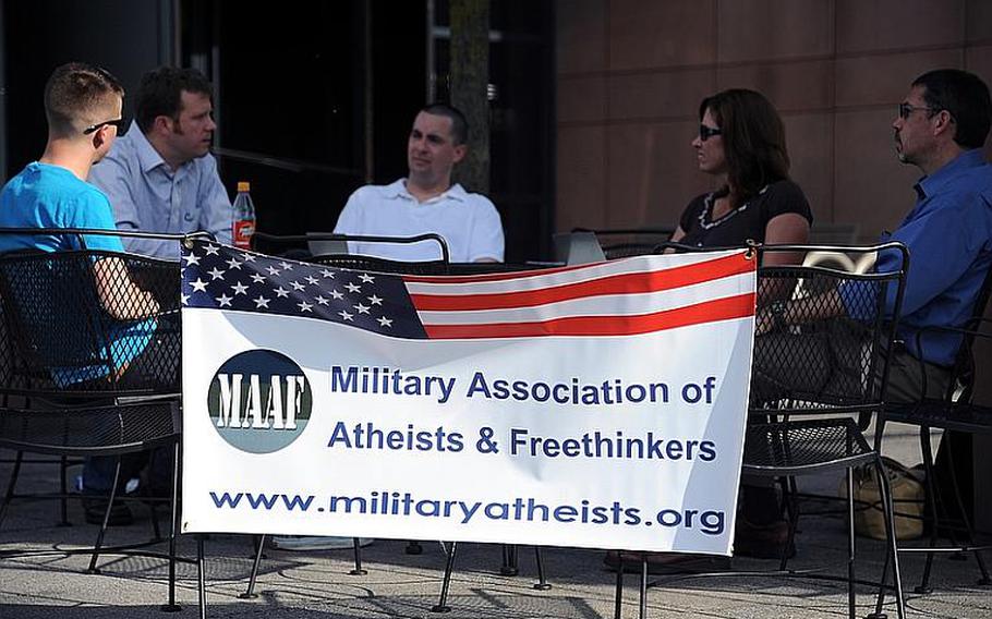 The Kaiserslautern military community branch of Military Association of Atheists and Freethinkers during a recent meeting at Ramstein. The MAAF is, according to its website, an organization that provides a supportive community for nontheistic service members, educates military leaders about nontheism, and tries to resolve what it calls insensitive practices that illegally promote religion or unethically discriminate against nontheism.
