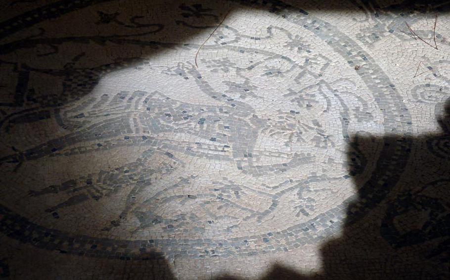 A mosaic on the floor of the Casa Romana, a Roman house at the archaeological site of Tyndaris.