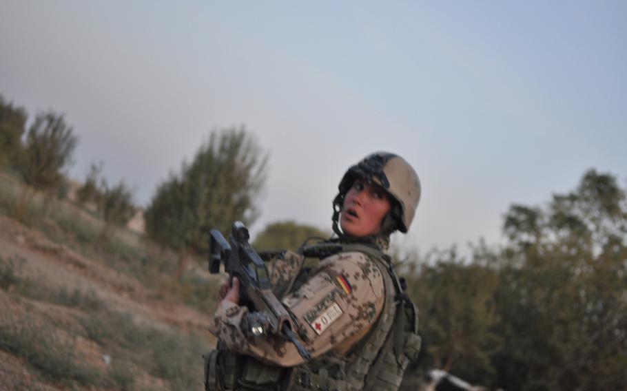 A German female squad leader from Platoon B, 2nd Infantry Company, Task Force Kunduz, commands a patrol in Kunduz province, Afghanistan, in October. Women have been allowed served in the German infantry for more than a decade.