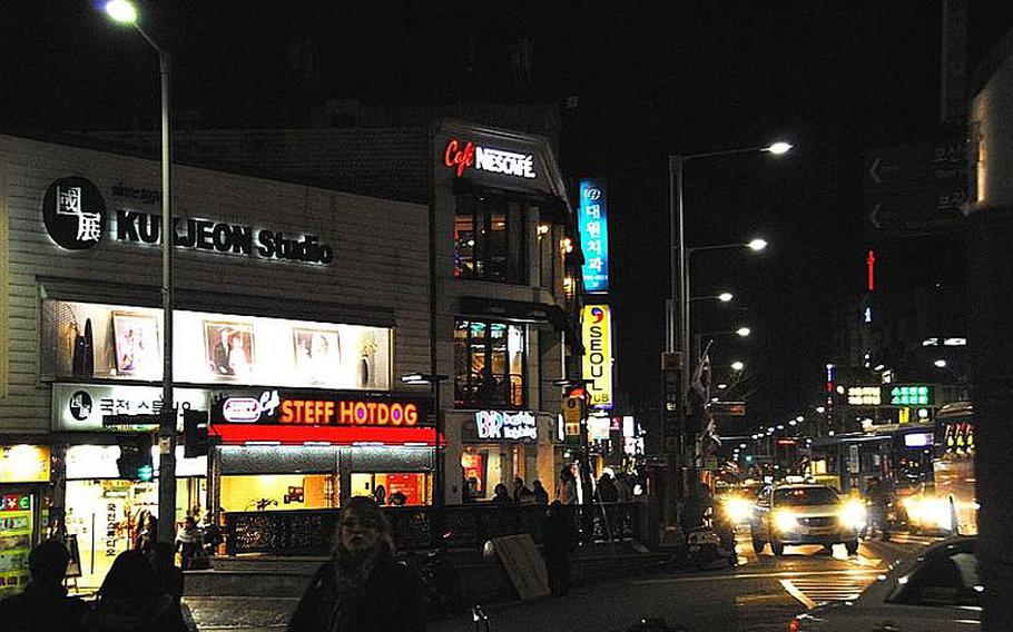 Bar owners in Itaewon, shown here, along with other entertainment areas near U.S. bases in South Korea say a 1 a.m. curfew for servicemembers is hurting their business.