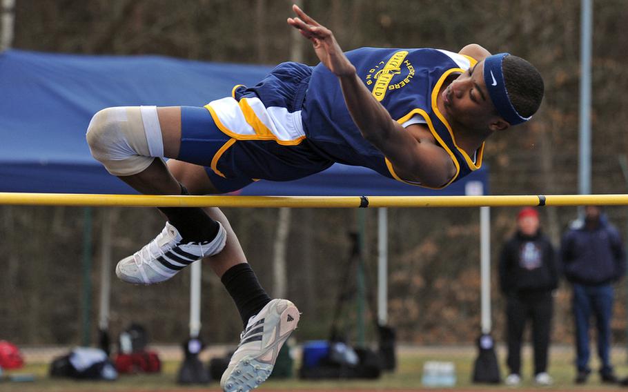 Heidelberg's Jeremiah Miller clears 6 feet, 2 inches to win the high jump competition at the track and field meet in Ramstein on Saturday.