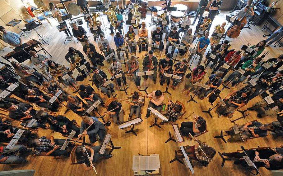 The Honors Band rehearses during a session  at the DODDS-Europe Honors Music Festival on April 4, 2012.  The annual program, which concludes with a concert in Wiesbaden, drew 160 vocalists and instrumentalists from high schools across Europe, as well as Bahrain.