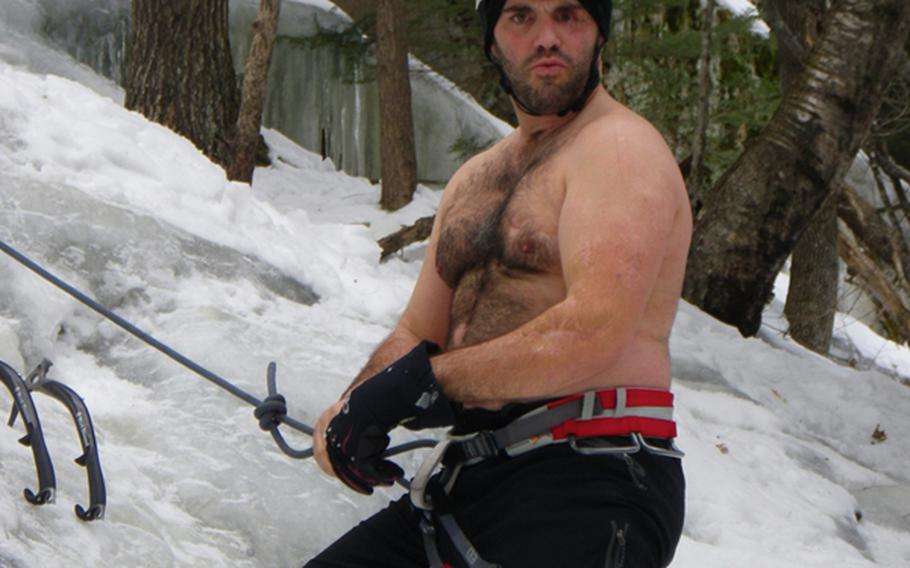 Capt. D.J. Skelton on an ice climbing trip in New Hampshire in February.