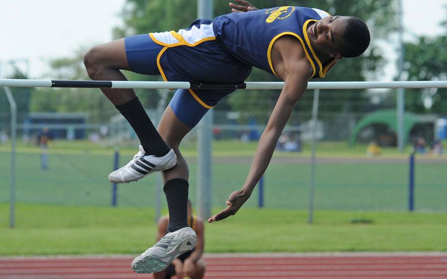Heidelberg's Jeremiah Miller clears 6 feet, 2 inches to win the high jump competition at a home meet on Saturday. Patch's John Jacobson was second ahead of Heidelberg's Trevon Williams.
