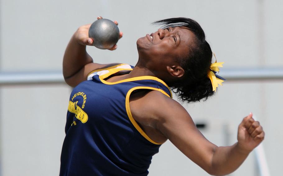 Heidelberg's Najala Shabazz gives it everything as she won tight shot put competition with a throw of 29 feet, 7 inches. That was just a bit better than Kaiserslautern's Kalynn Richardson, who threw 29-06.50. Third was Makayla Lowder of Ramstein.