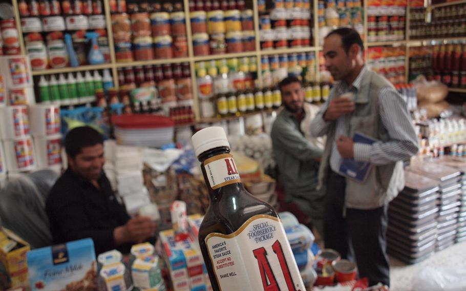 A bottle of A.1. steak sauce labeled “Special Foodservice Package” and “Not For Resale” was for sale at a shop in Kabul’s “Bush Market.” Similar bottles can be found at U.S. military dining facilities around Afghanistan. It’s likely this bottle, and the cases of A.1. in the shop with it, were meant for American chow halls, but wound up here, in Kabul’s “Bush Market,” which trades in goods likely stolen from coalition supply trucks. In the lower right, stacks of U.S. military UGRs — or Unitized Group Rations — offer more evidence of theft. The rations aren’t sold to civilians, even in the U.S.