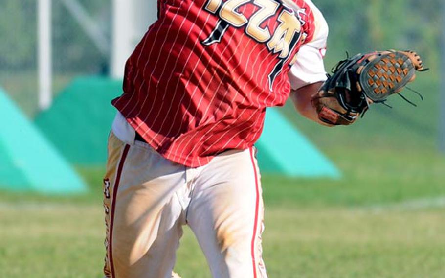 Pizza Inn third baseman Brandon Ihlen throws out a Sasebo Naval Base baserunner during Sunday's knockout game in the Pacific Firecracker Softball Tournament at Camp Foster, Okinawa. Sasebo eliminated Pizza Inn 20-7.