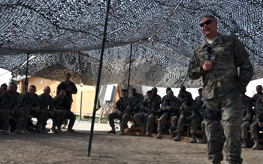 Sgt. Maj. of the Army Raymond Chandler addresses troops Wednesday at Forward Operating Base Zangabad in Kandahar Province  during a tour of the country.