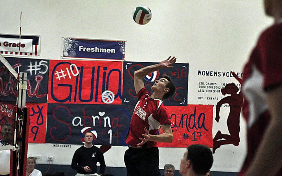 Aviano senior setter Matthew O'Brien got in a few kills as well Friday night. But his team fell to the American Overseas School of Rome, 23-25, 25-22, 29-27, 25-21.