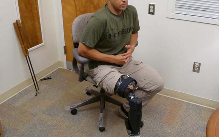 Retired Marine William Gadsby shows off his X2 microprocessor knee from Ottobock and BiOM ankle, developed by iWalk. When used together, Gadsby can walk with a natural gait like the uninjured, without pain and fatigue.