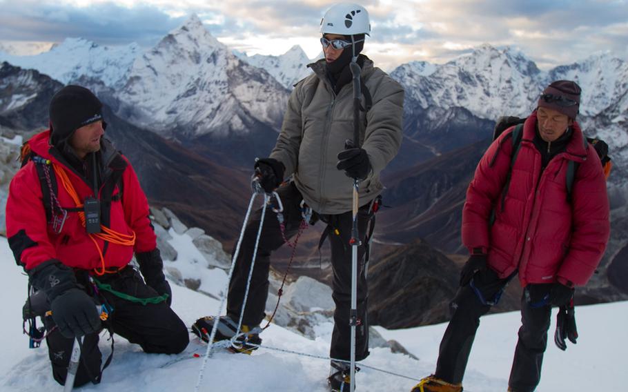 Steve Baskis, who lost his sight to a roadside bomb blast in Iraq in 2008, works his way up to the top of a mountain peak in the Himalayas. That climb in 2010 is the subject of the new documentary film "High Ground," which features wounded veterans.  The climb also launched a new program called Soldiers to Summits.