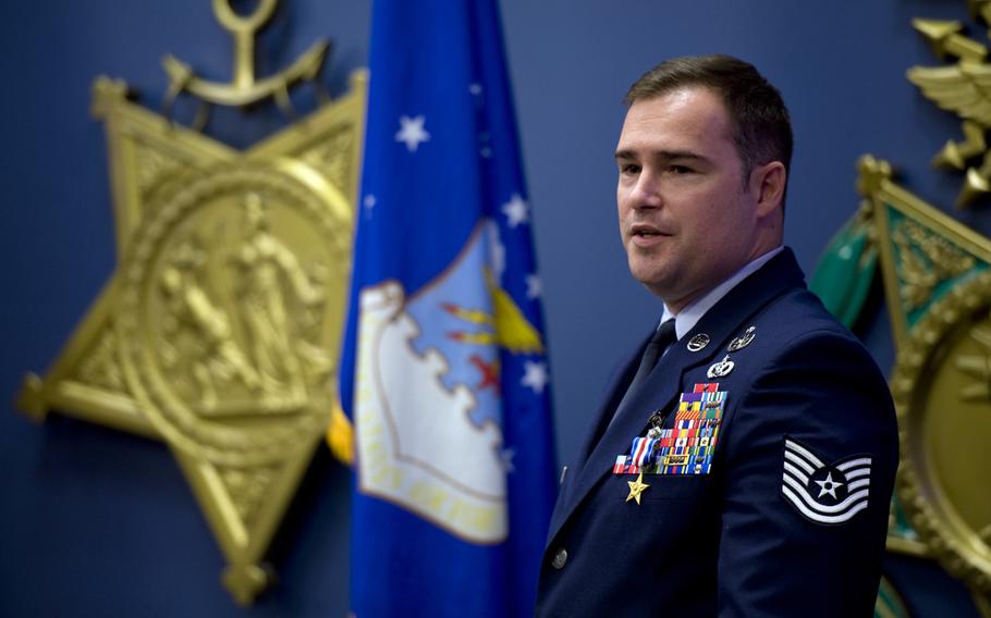 Air Force Tech. Sgt. Joe Deslauriers, an explosive ordnance disposal technician from the 1st Special Operations Civil Engineer Squadron, speaks during a ceremony at the Pentagon, Nov. 14, 2012. Deslauriers received the Silver Star for gallantry in action.