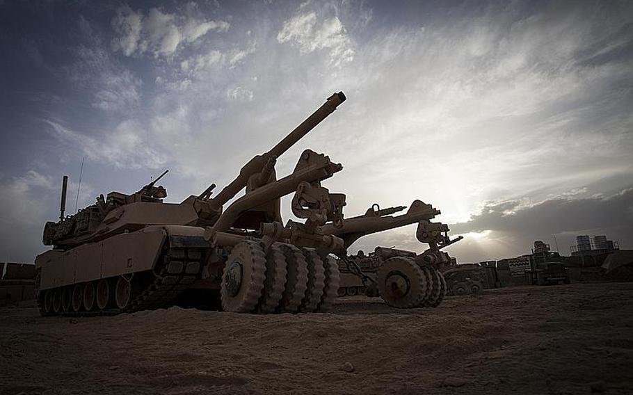 A U.S. Marine M1A1 Abrams tank with Delta Company, 1st Tank Battalion, Regimental Combat Team 7, (RCT) 7, parks at a staging area on Camp Shir Ghazay, Helmand province, Afghanistan.