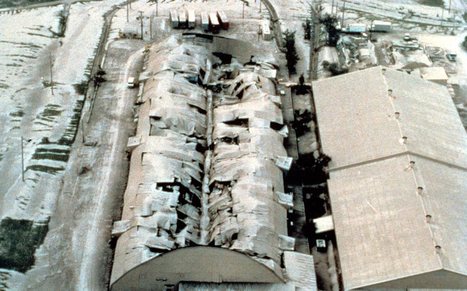 Mount Pinatubo, Philippines. Aerial view of collapsed warehouse, Clark Air Base.