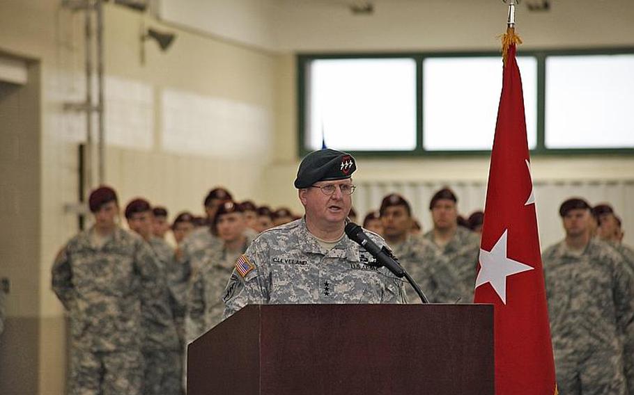 Lt. Gen. Charles Cleveland, Commander, US Army Special Operations Command, speaks about the heroism of the soldiers of the 160th Special Operations Aviation Regiment (Airborne), during an award ceremony in March.