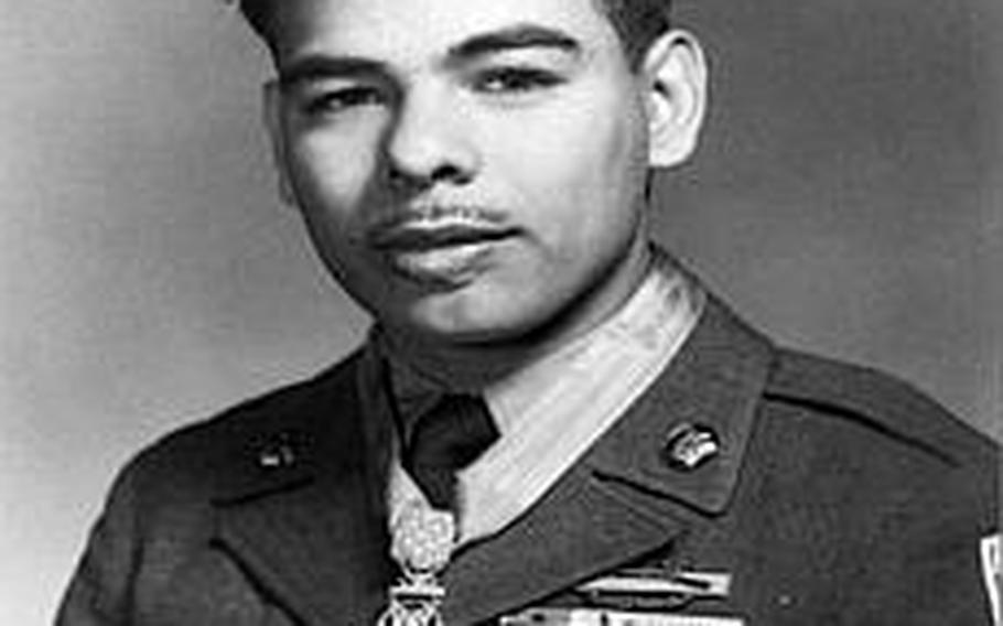 Rodolfo "Rudy" Hernandez, Korean War-era Medal of Honor recipient, as shown soon after receiving the award. Despite sustaining numerous wounds, Hernandez' rifle and bayonet attack gave his unit the time it needed to establish a defense against a much larger enemy unit.